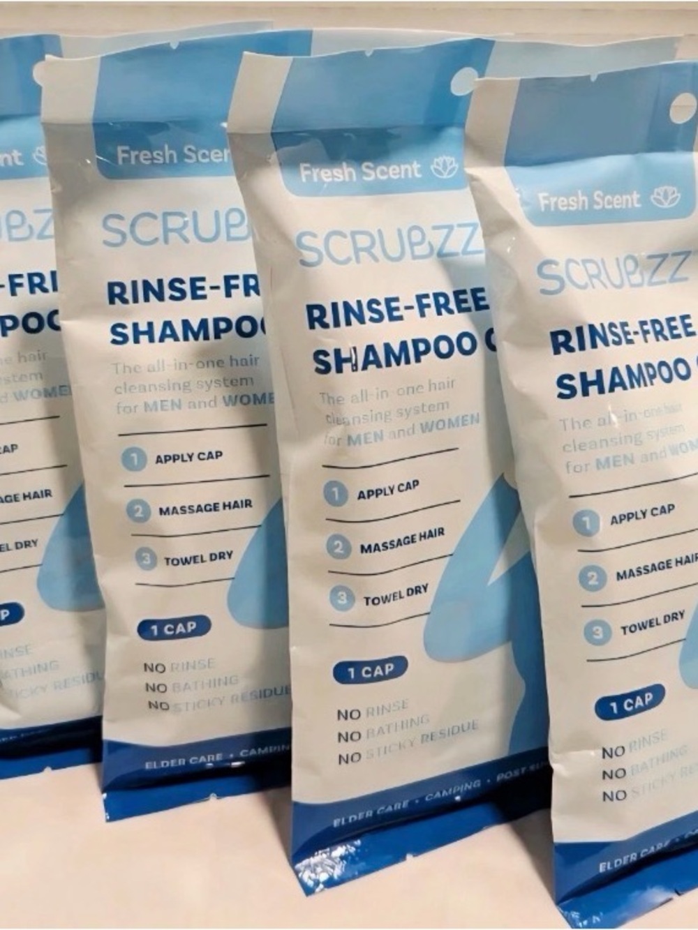 Lot of 4 Scrubzz No Rinse Shampoo Caps Fresh Scent Waterless Hair Wash